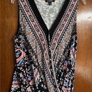 Roz & Ali Black Paisley V-Neck Sleeveless Faux-Wrap Tank with Multicolor Trim